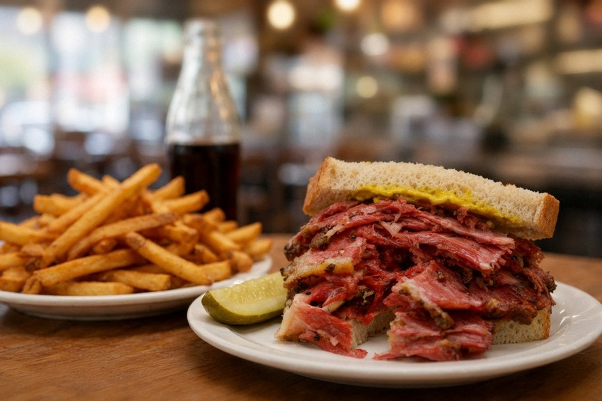 Illustrative AI food photo: a smoked meat sandwich on rye with fries and a pickle