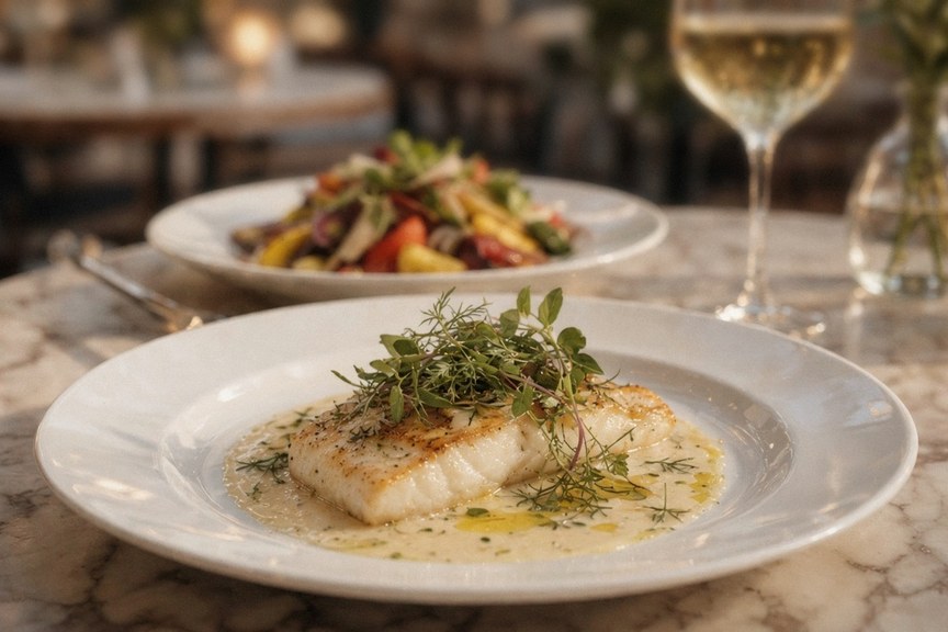 Illustrative AI food photo: a white fish course with sauce and herbs on a white plate