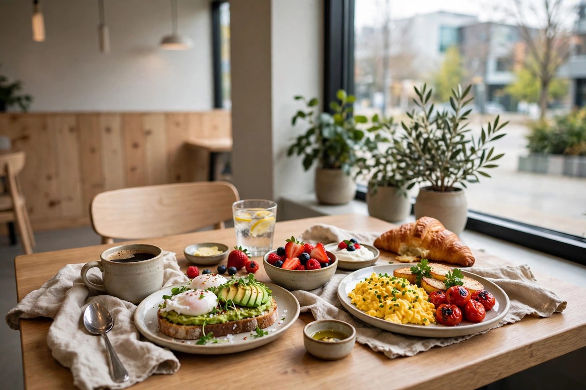 A bright breakfast table with coffee and brunch dishes by a window