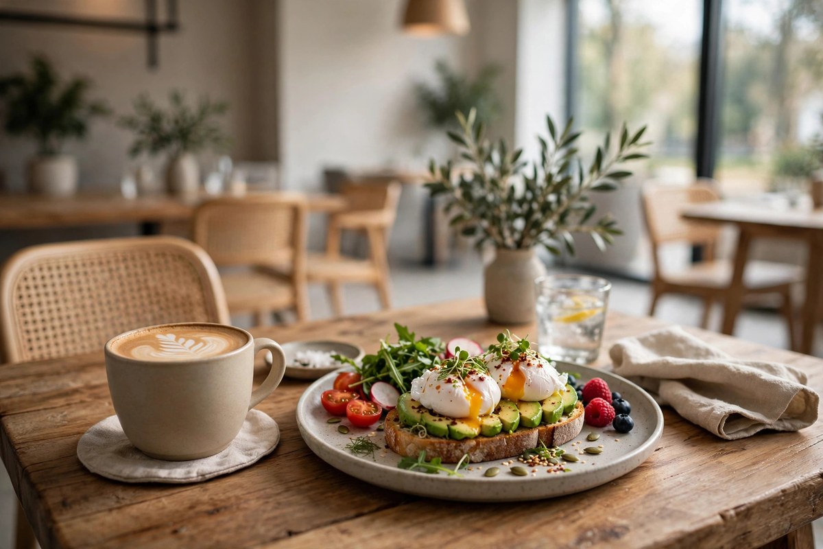 Coffee and a brunch plate on a table in a bright modern restaurant