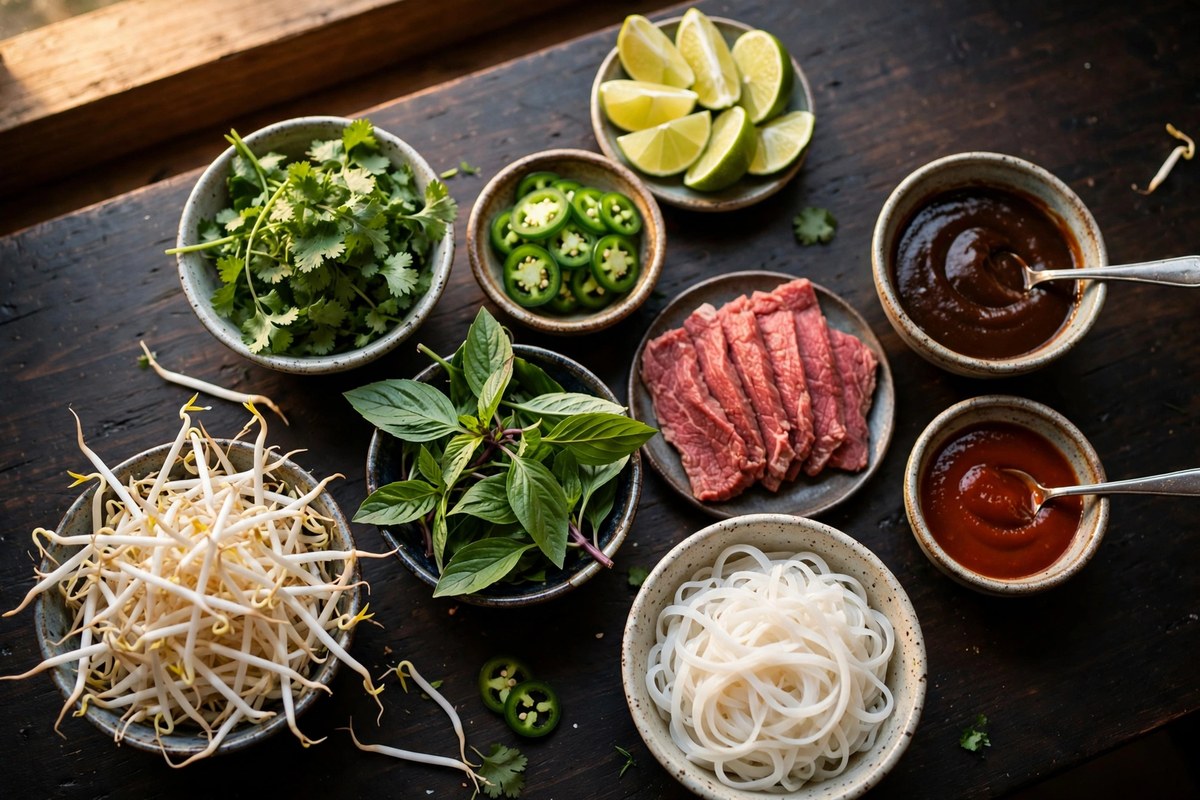 Fresh herbs and toppings for building a bowl of pho