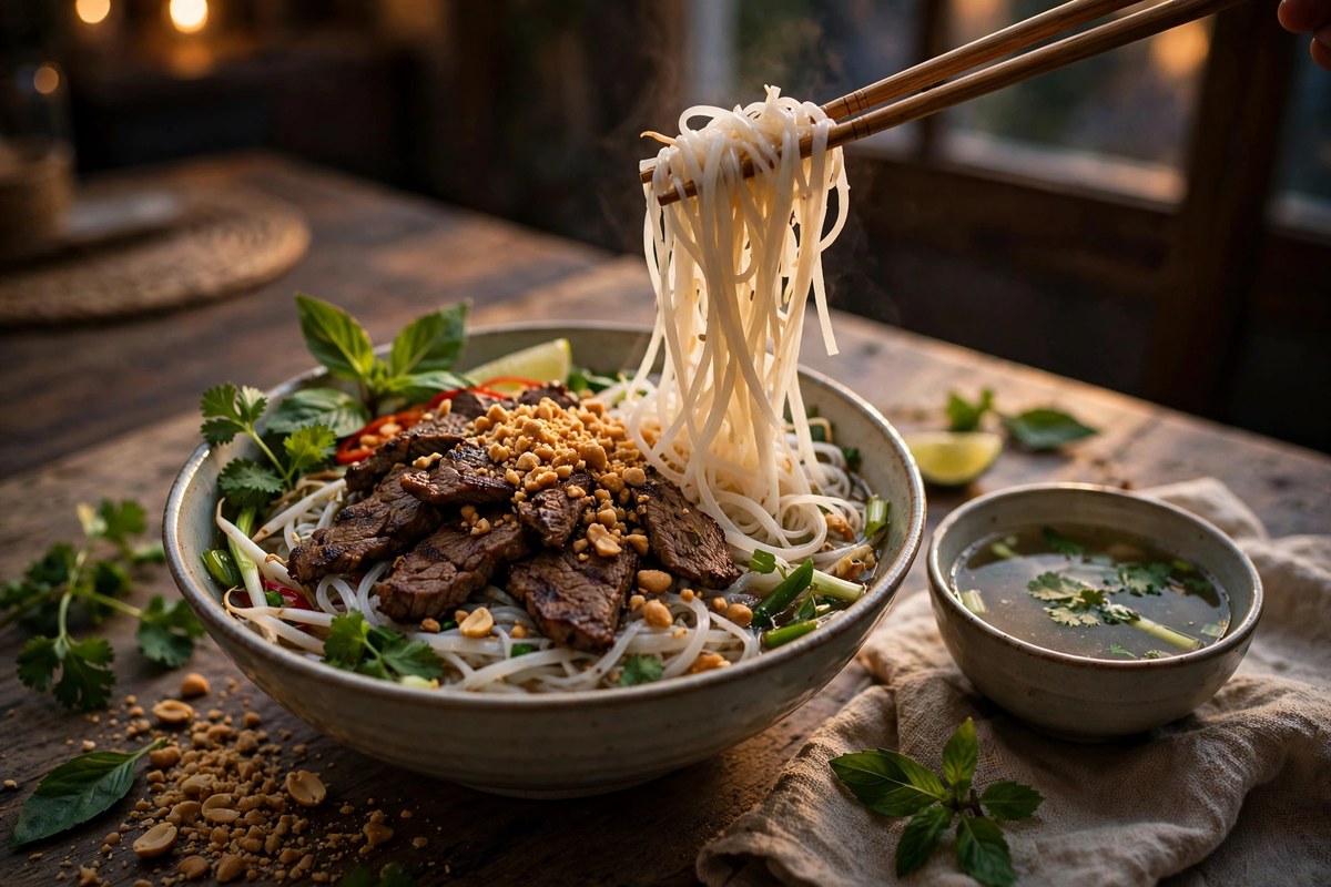 A bowl of dry pho with herbs and toppings
