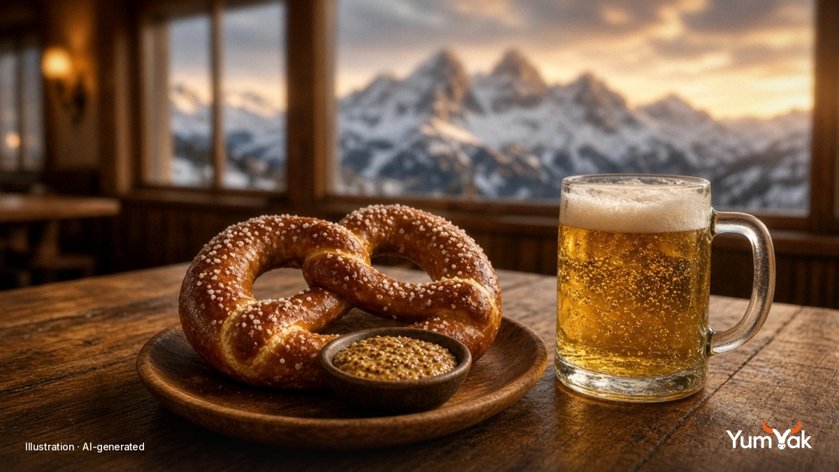 Illustrative AI food photo: a soft pretzel with grainy mustard and a mug of lager on a wooden table by a window facing snowy peaks