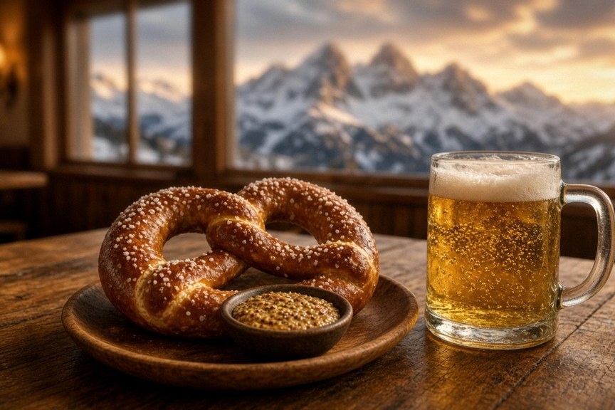 Illustrative AI food photo: a soft pretzel with grainy mustard and a mug of lager on a wooden table by a window facing snowy peaks