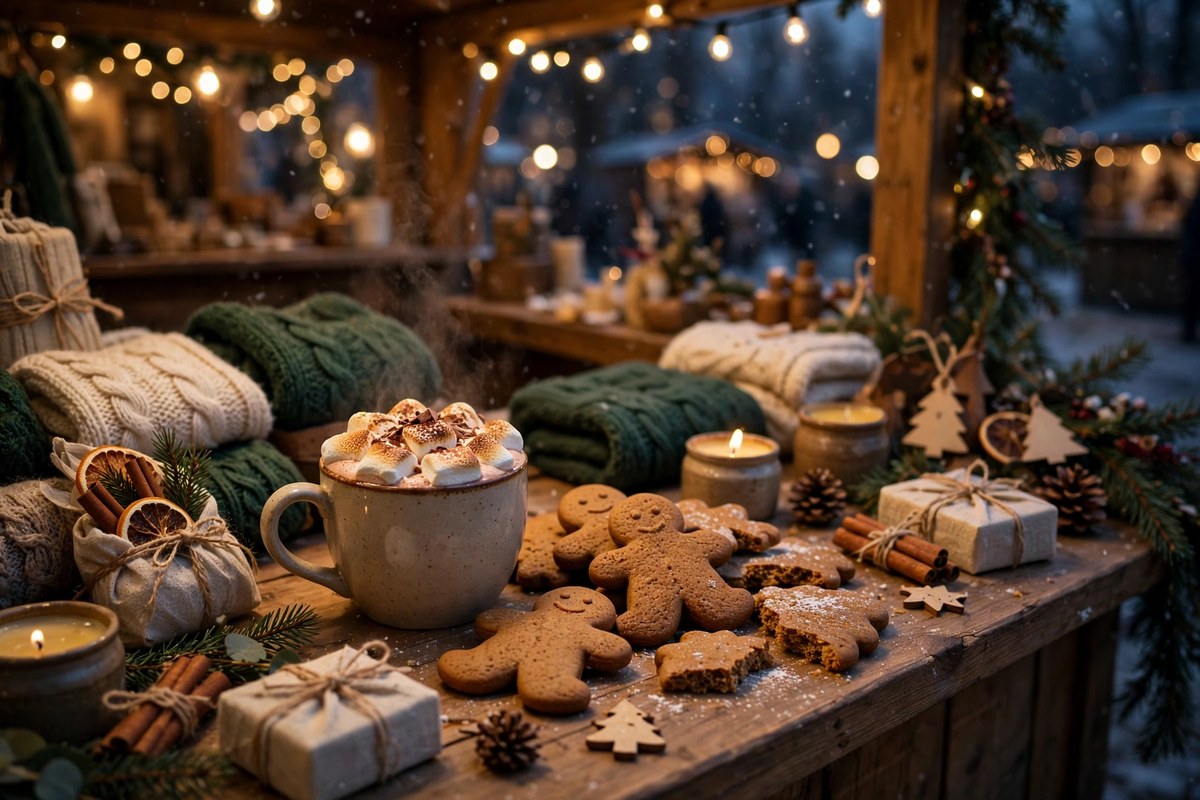 Hot chocolate with marshmallows and gingerbread treats at a festive market stall