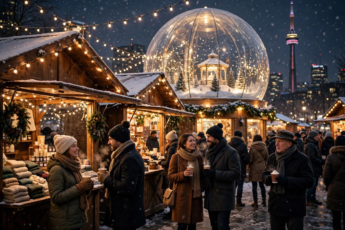 Visitors with warm drinks at an outdoor Christmas market with a giant snow globe