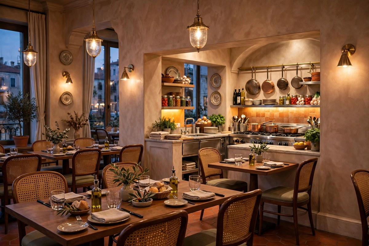 Handmade Italian pasta with tomato sauce in a warm dining room