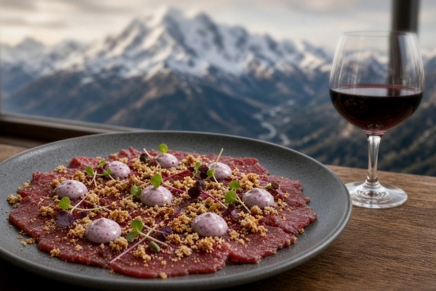 Illustrative AI food photo: thin slices of bison carpaccio with shaved cheese and greens on a slate plate