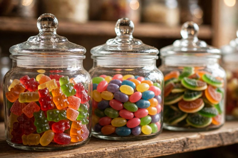 Glass candy jars filled with colorful sweets on wooden shelves