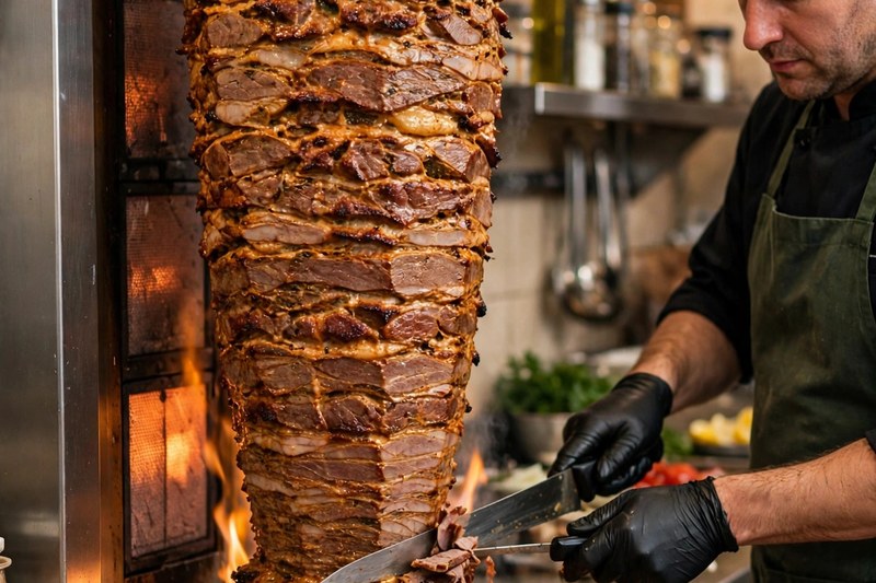 Vertical shawarma spit roasting over open flame