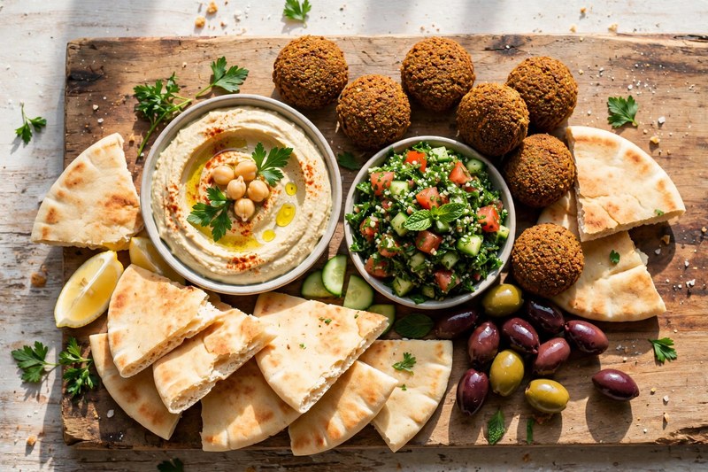 Mediterranean mezze platter with hummus and falafel