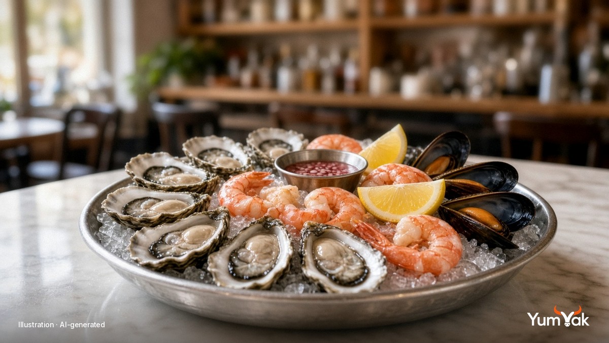 Illustrative AI-generated photo: a chilled shellfish tray with oysters, shrimp and mussels on a marble bar