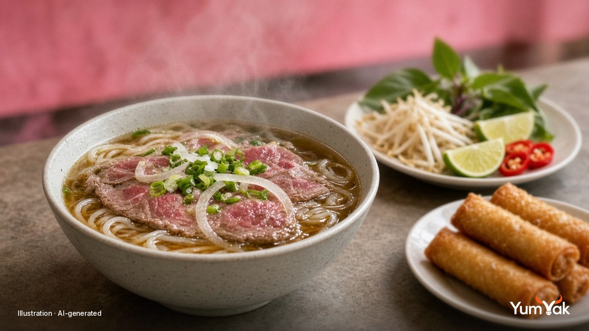 Illustrative AI food photo: a bowl of rare beef pho with onions and scallions beside a plate of fried spring rolls and a plate of bean sprouts, basil and lime