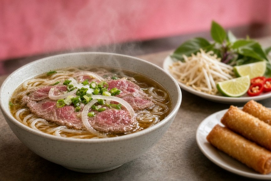 Illustrative AI food photo: a bowl of rare beef pho with onions and scallions beside a plate of fried spring rolls and a plate of bean sprouts, basil and lime