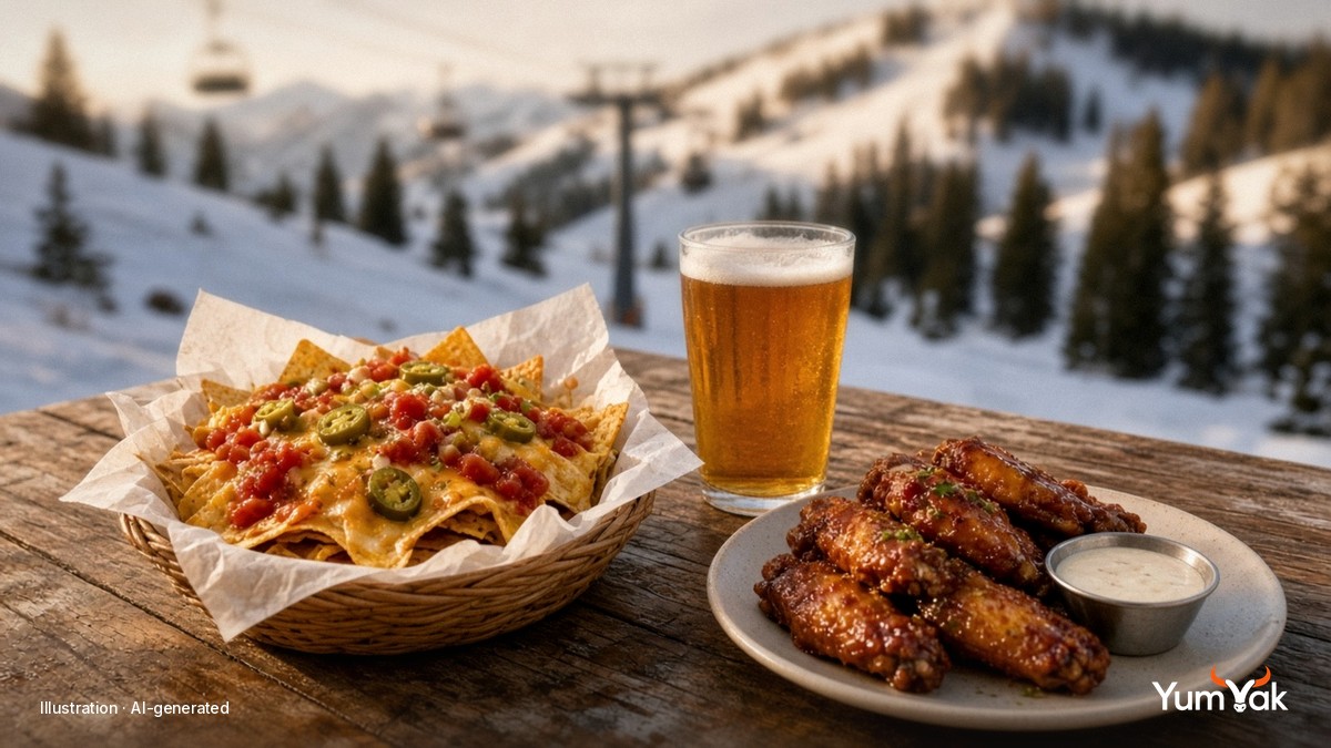 Illustrative AI food photo: a pint of beer and a plate of loaded nachos on a wooden ski-lodge table