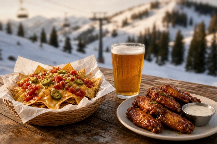 Illustrative AI food photo: a pint of beer and a plate of loaded nachos on a wooden ski-lodge table