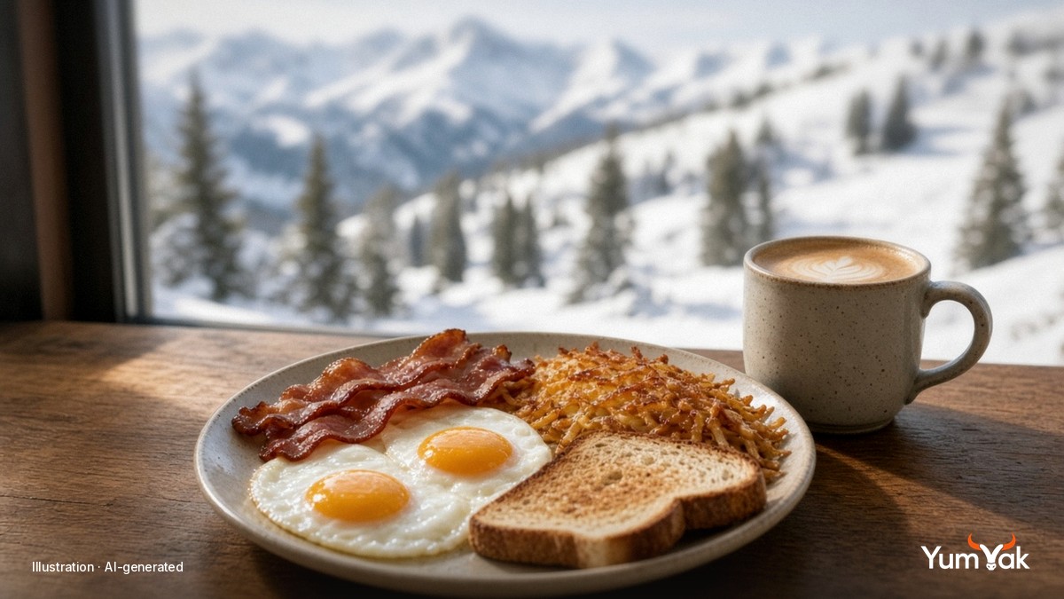 Illustrative AI food photo: a steaming bowl of ramen on a wooden table in a mountain lodge with snowy windows