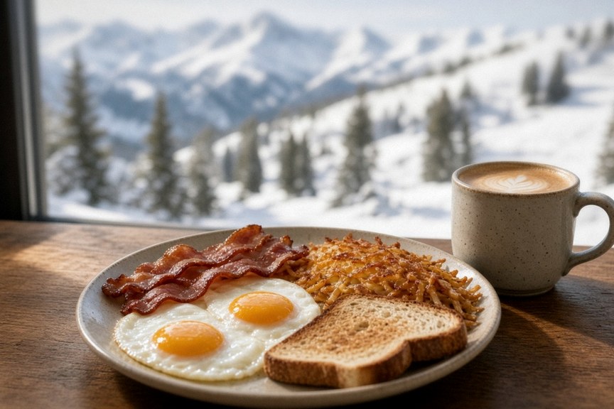 Illustrative AI food photo: a steaming bowl of ramen on a wooden table in a mountain lodge with snowy windows