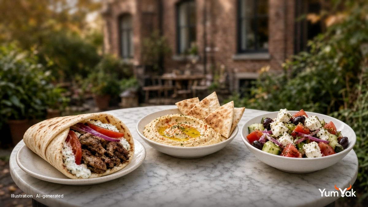 Illustrative AI food photo: a Greek pita wrap with hummus, pita chips and a feta salad on a marble table in a garden courtyard