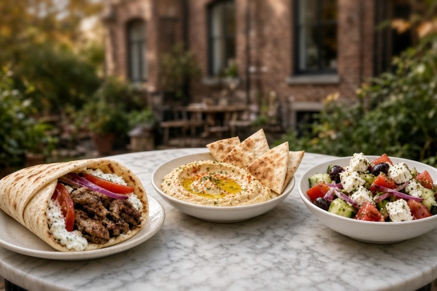 Illustrative AI food photo: a Greek pita wrap with hummus, pita chips and a feta salad on a marble table in a garden courtyard