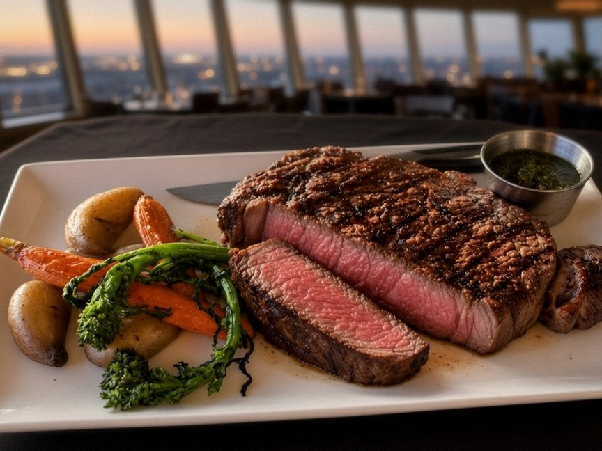 Illustrative AI food photo: sliced grilled steak with chimichurri and roasted vegetables