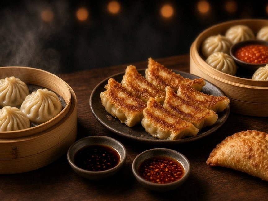 Illustrative AI food photo: steamed and pan-fried dumplings with dipping sauces