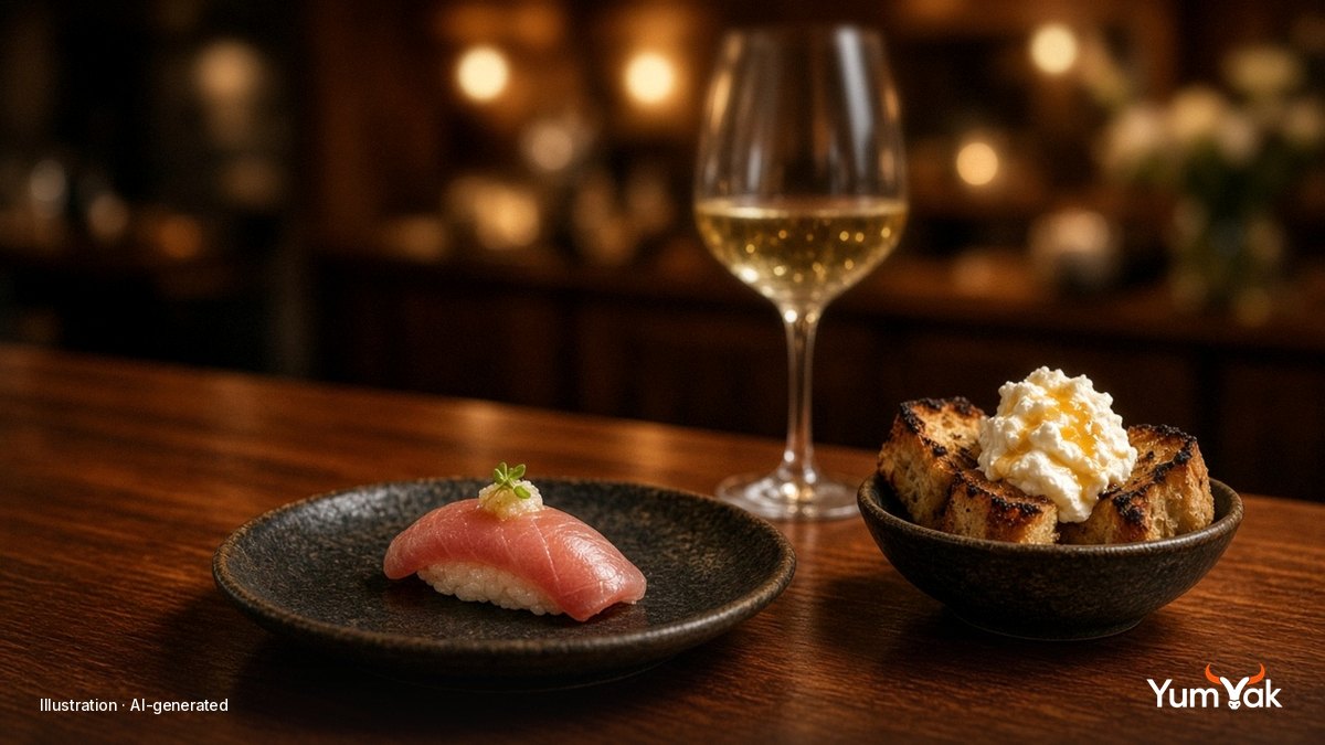 Illustrative editorial food photo: a slice of sashimi on a dark plate, a cream-topped dessert and a glass of white wine on a wooden table