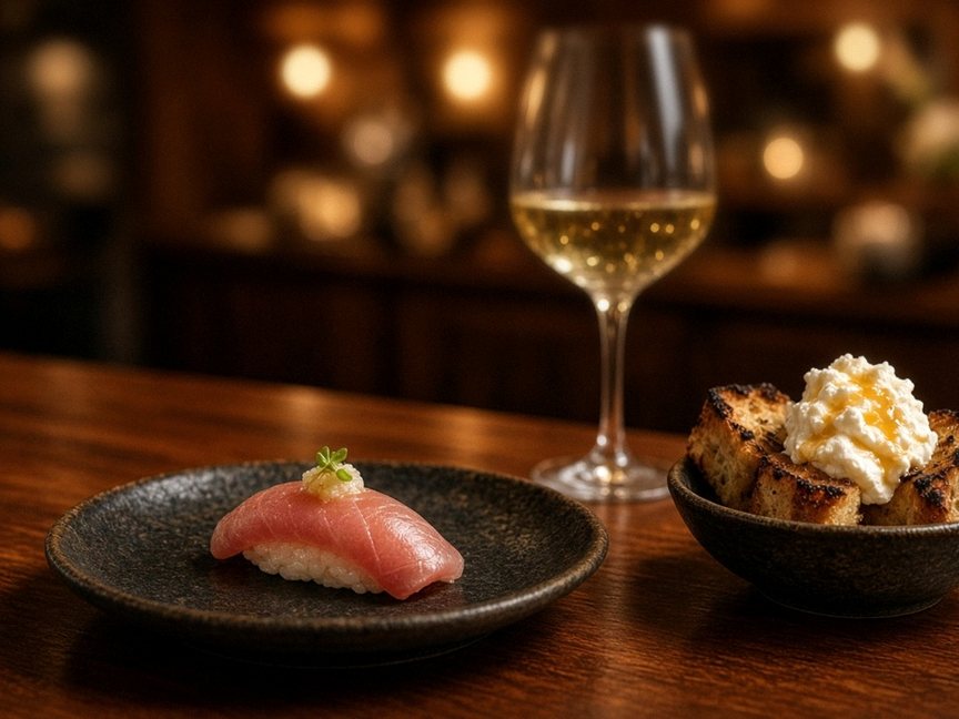 Illustrative editorial food photo: a slice of sashimi on a dark plate, a cream-topped dessert and a glass of white wine on a wooden table