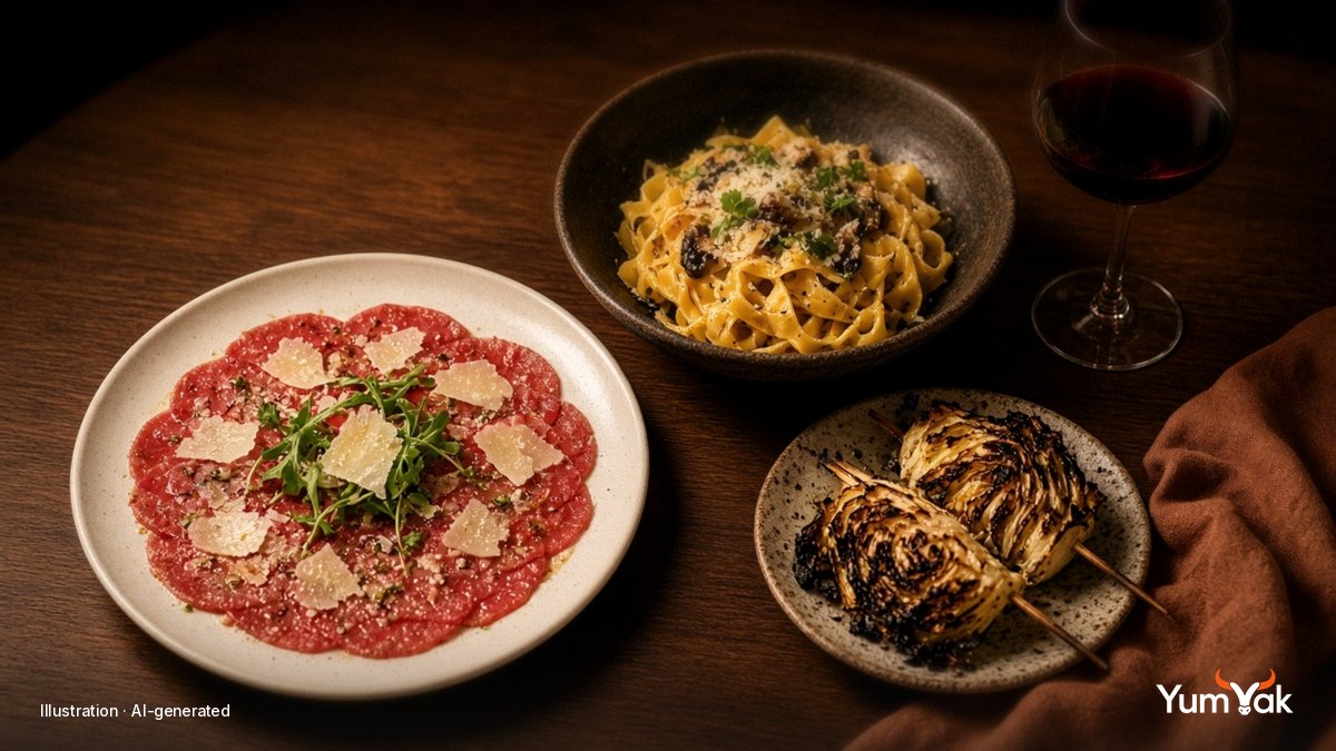 Illustrative editorial food photo: beef carpaccio, a bowl of pasta and charred cabbage with a glass of red wine