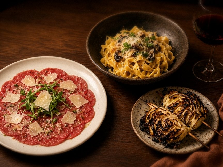 Illustrative editorial food photo: beef carpaccio, a bowl of pasta and charred cabbage with a glass of red wine