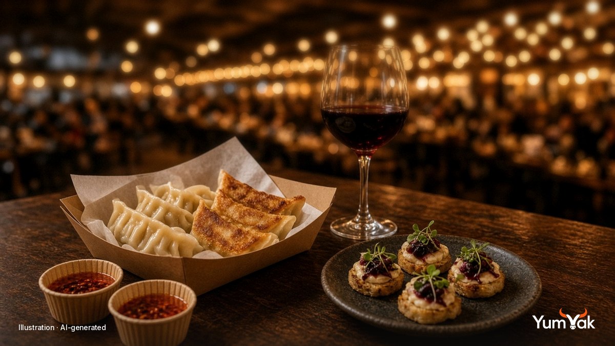 Illustrative editorial food photo: pan-fried dumplings in a paper tray, small dipping sauces and a glass of red wine in a busy hall