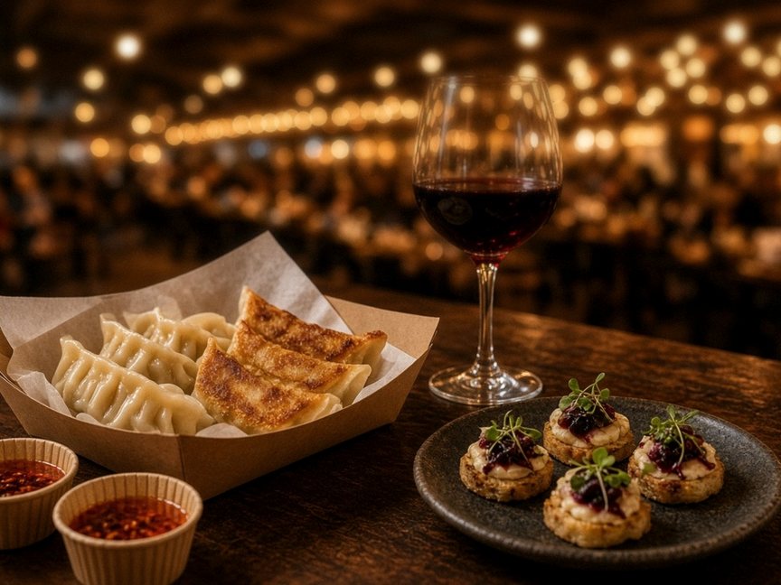 Illustrative editorial food photo: pan-fried dumplings in a paper tray, small dipping sauces and a glass of red wine in a busy hall
