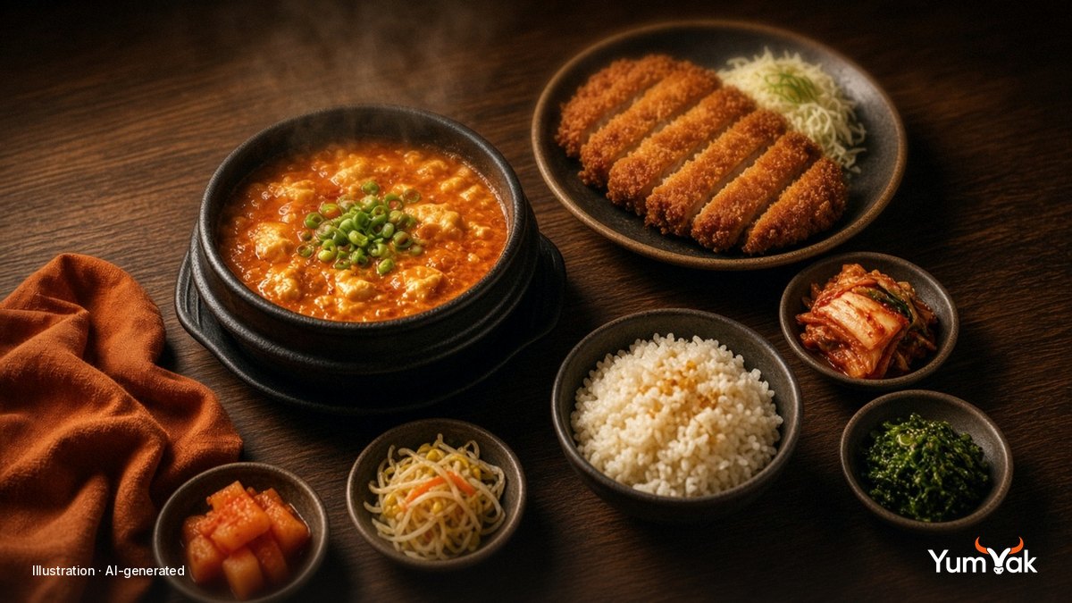 Illustrative editorial food photo: a red Korean stew in a stone pot, breaded pork cutlet, rice and small banchan dishes