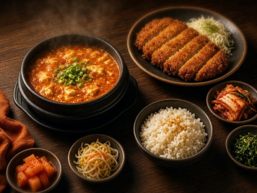 Illustrative editorial food photo: a red Korean stew in a stone pot, breaded pork cutlet, rice and small banchan dishes