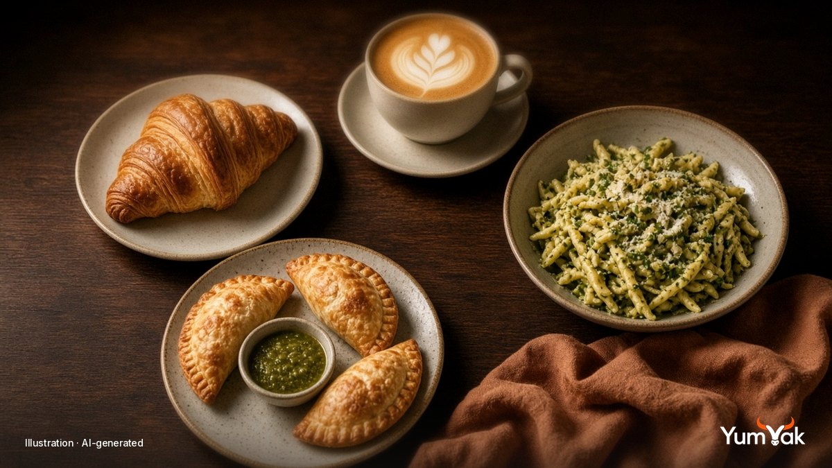Illustrative editorial food photo: a croissant, a latte, empanadas with green sauce and a bowl of pesto pasta on a wooden table