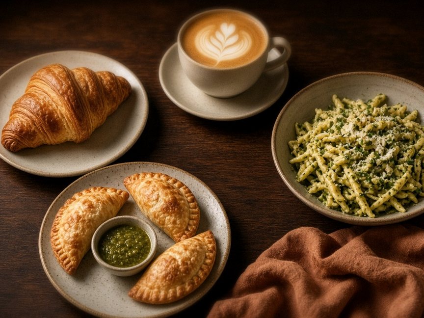 Illustrative editorial food photo: a croissant, a latte, empanadas with green sauce and a bowl of pesto pasta on a wooden table