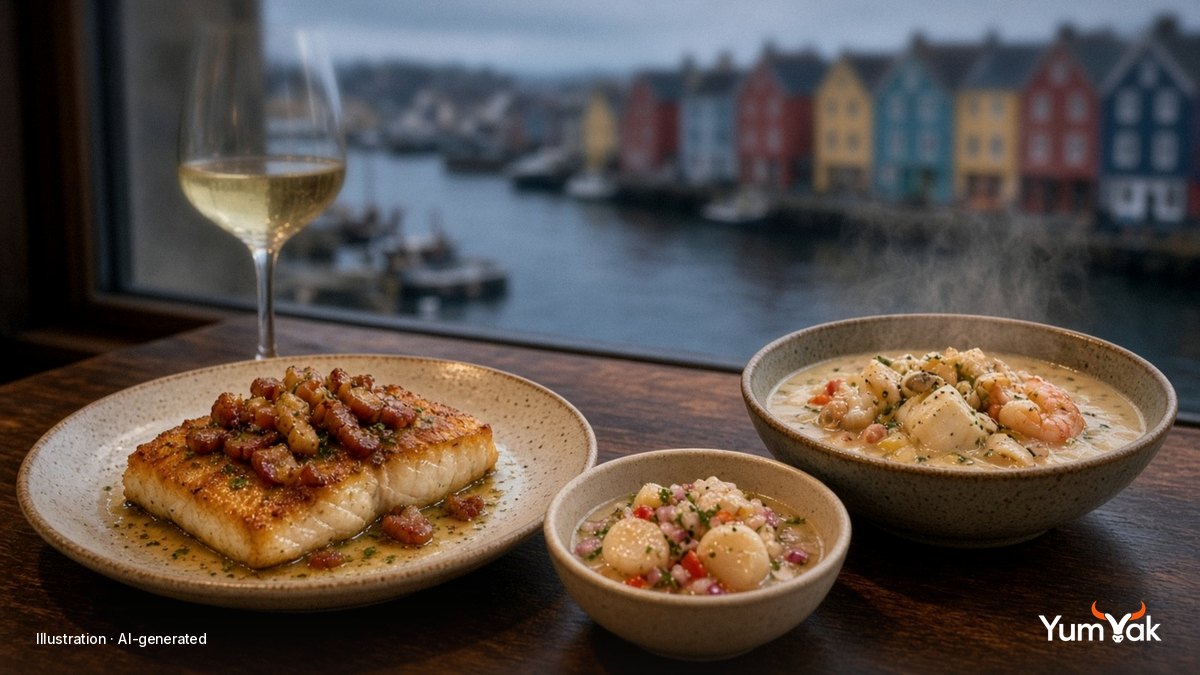 Illustrative editorial food photo: a seared fish fillet, a bowl of chowder and a glass of white wine by a window overlooking colourful harbour houses