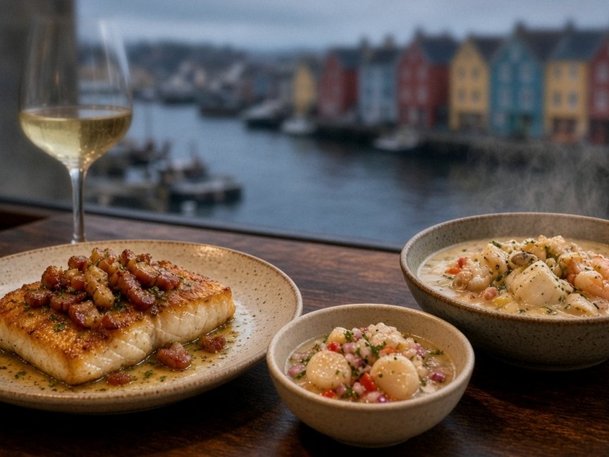 Illustrative editorial food photo: a seared fish fillet, a bowl of chowder and a glass of white wine by a window overlooking colourful harbour houses