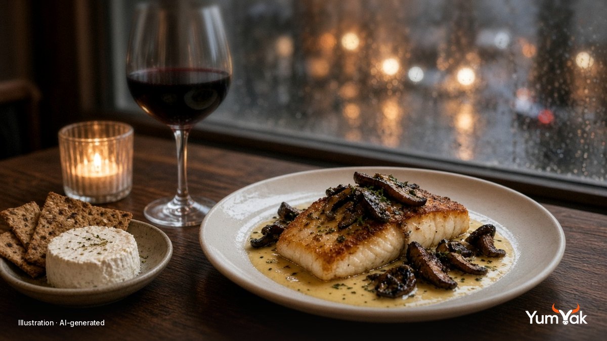 Illustrative editorial food photo: seared fish with mushrooms in a butter sauce, a glass of red wine, crackers and cheese by a rain-streaked window