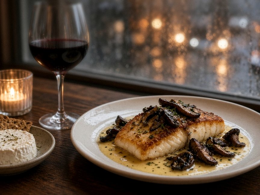 Illustrative editorial food photo: seared fish with mushrooms in a butter sauce, a glass of red wine, crackers and cheese by a rain-streaked window