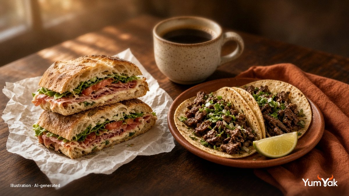 Illustrative editorial food photo: a pressed Italian sandwich on paper beside a plate of beef tacos with lime and a cup of coffee