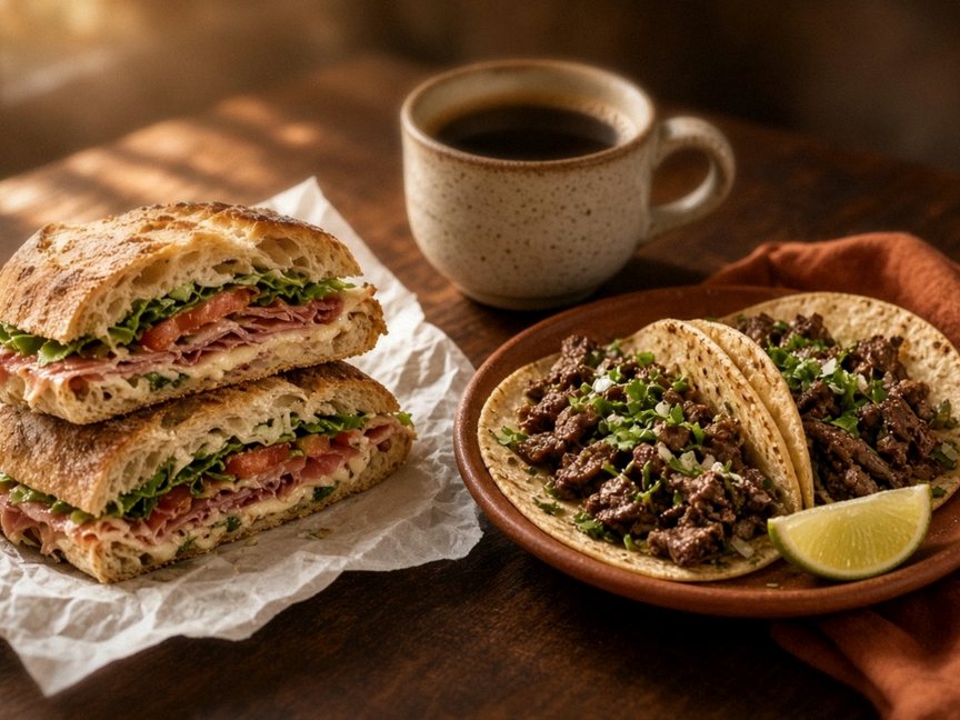 Illustrative editorial food photo: a pressed Italian sandwich on paper beside a plate of beef tacos with lime and a cup of coffee