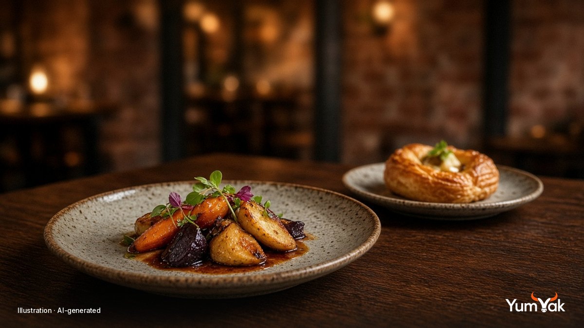 Illustrative editorial food photo: roasted carrots and beets on a stoneware plate with a pastry on the side, in a brick-walled dining room
