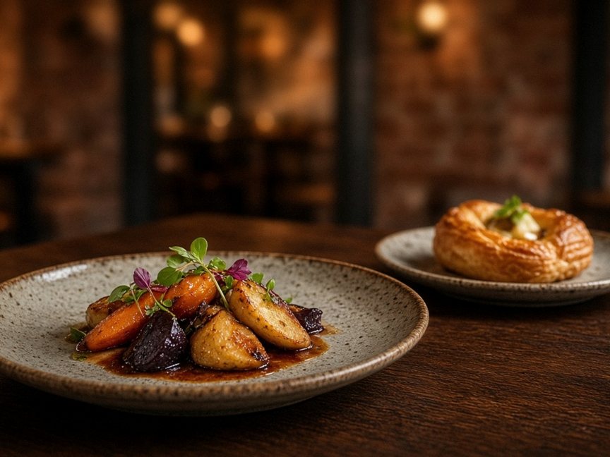 Illustrative editorial food photo: roasted carrots and beets on a stoneware plate with a pastry on the side, in a brick-walled dining room