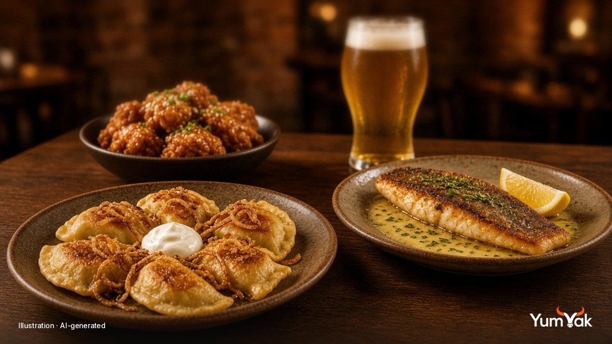 Illustrative editorial food photo: pan-fried dumplings with sour cream, fried bites and a fish fillet with lemon beside a glass of beer