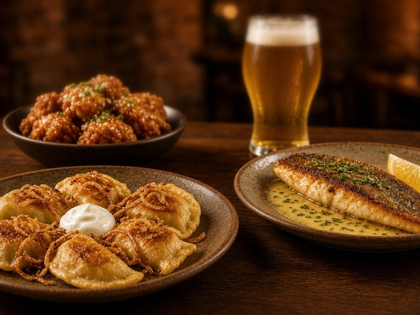 Illustrative editorial food photo: pan-fried dumplings with sour cream, fried bites and a fish fillet with lemon beside a glass of beer