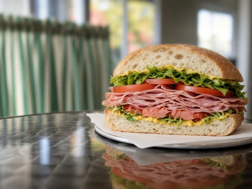 Illustrative AI food photo: an Italian sub layered with cured meat, tomato and lettuce