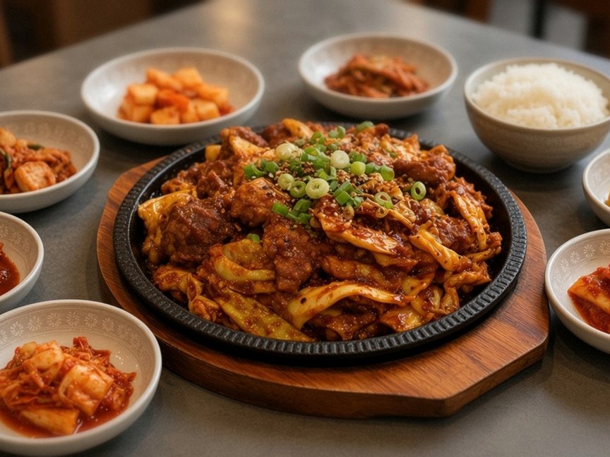 Illustrative AI food photo: spicy stir-fried pork with rice and small dishes of banchan