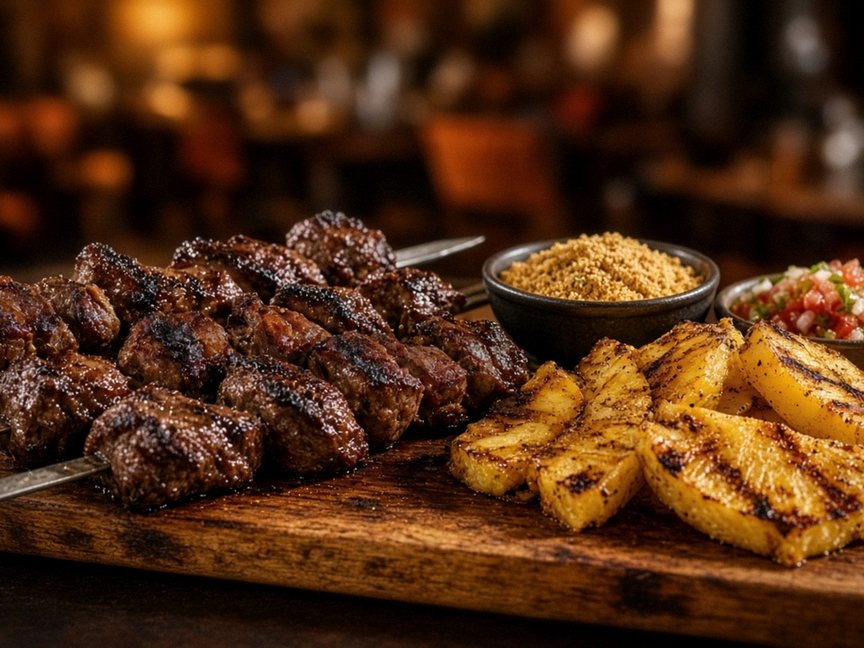 Illustrative AI food photo: grilled meat skewers with charred pineapple on a wooden board