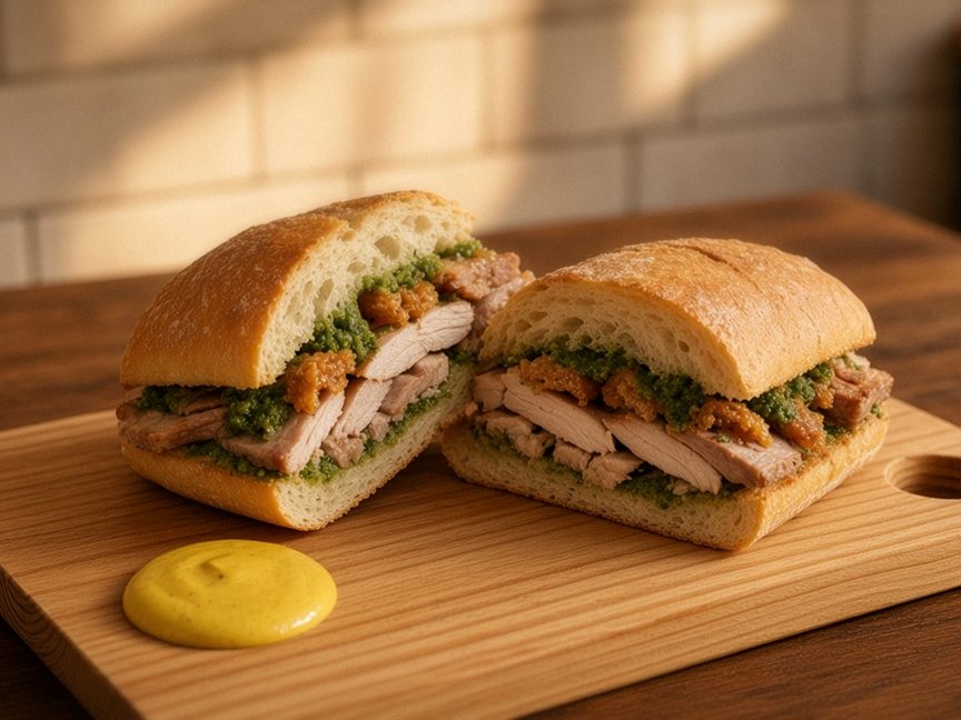 Illustrative AI food photo: a porchetta sandwich on ciabatta with salsa verde and a side of mustard